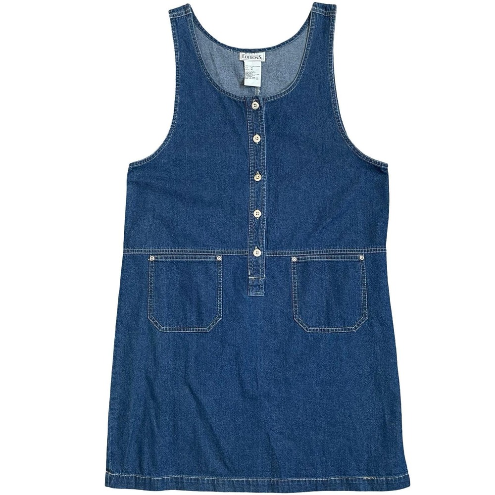 Vintage Basic Editions Denim Pinafore Jumper Dress Women M Blue Button Pockets